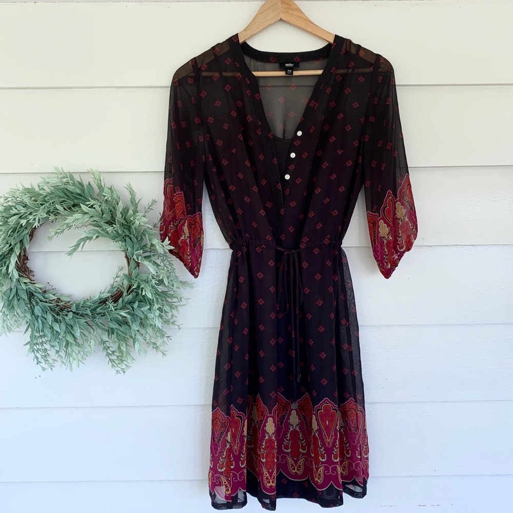 Brown and red midi dress.